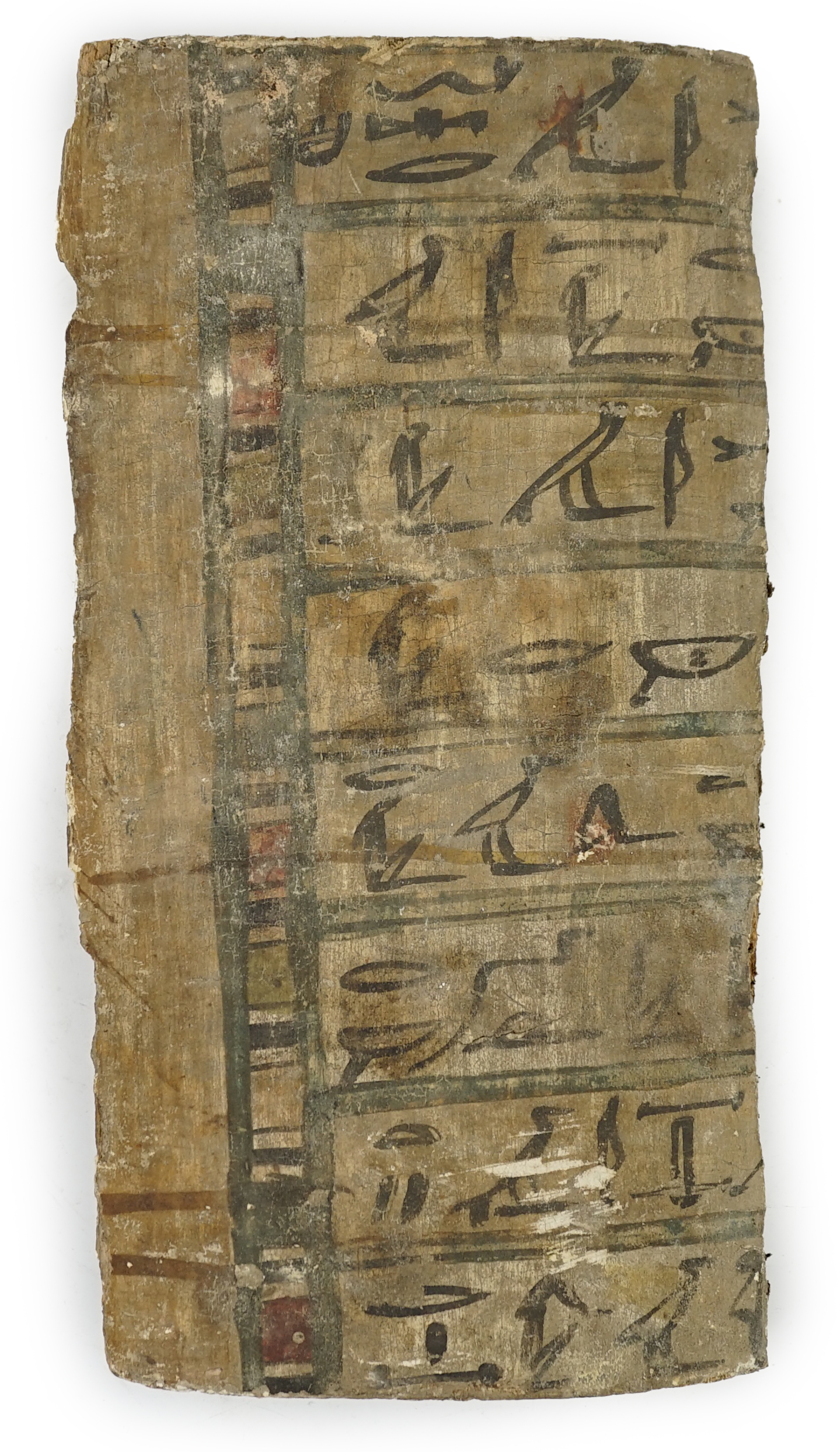 An Ancient Egyptian painted gesso, linen and wood fragment from a coffin or canopic chest, probably late Kingdom